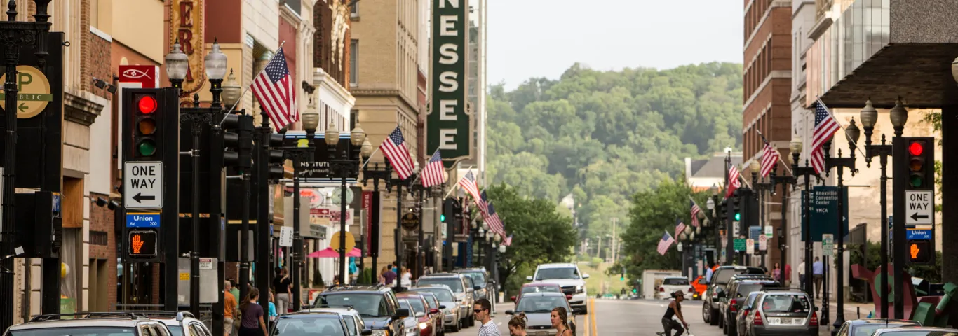 A downtown street with a theatre 