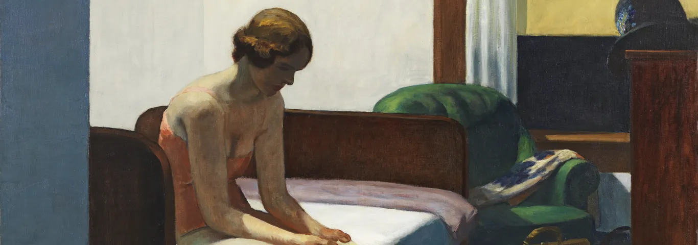 a painting of a woman sitting on a bed
