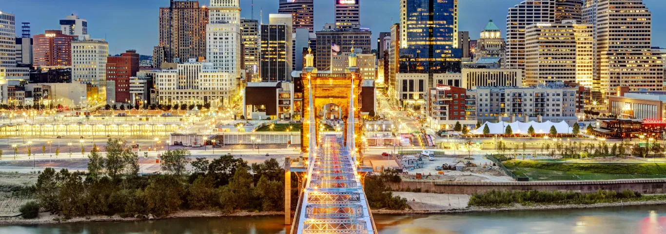 A city skyline with a bridge