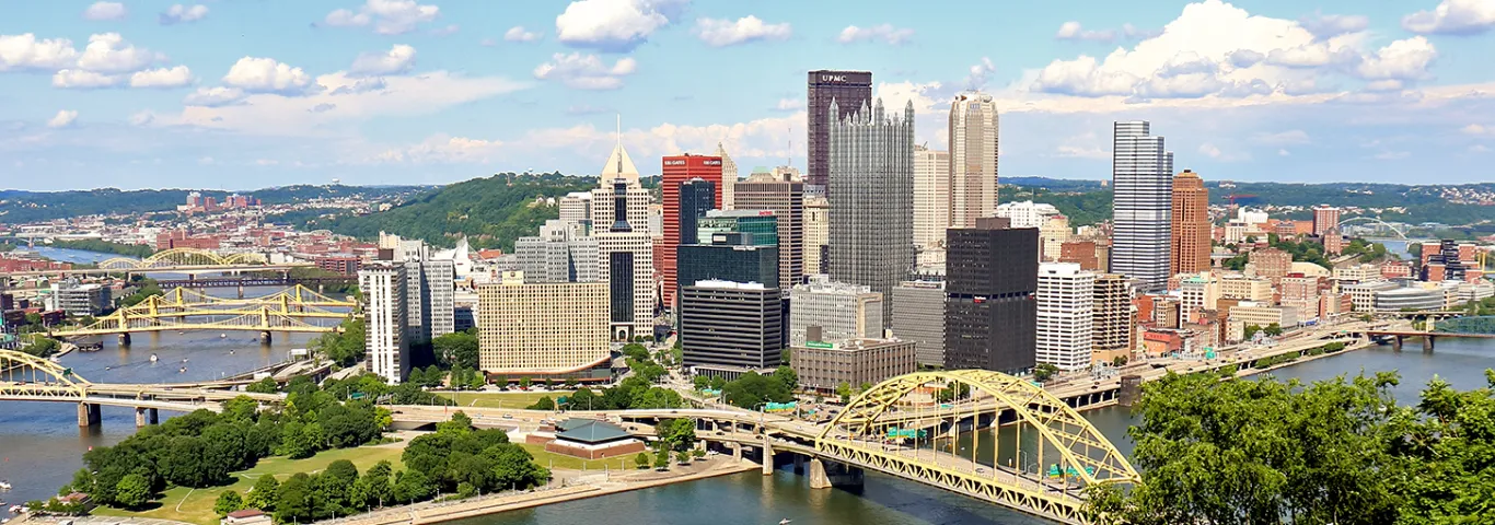 a city skyline with rivers and a bridge