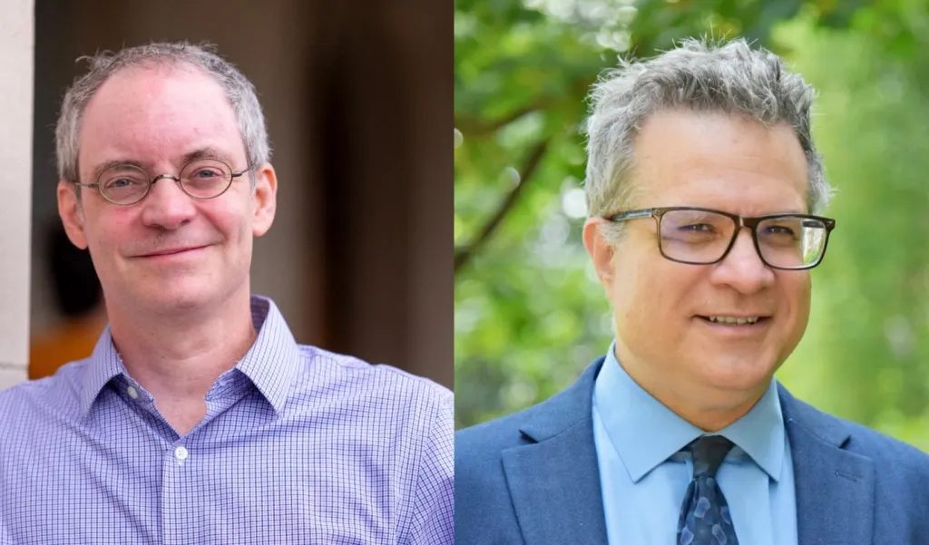 two headshots of two people with glasses